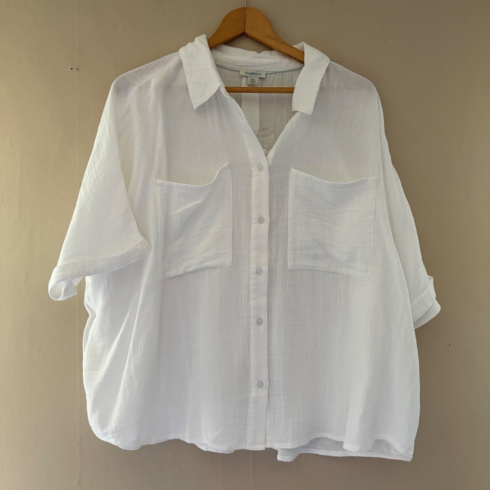 Sundance Womens Cotton Gauze Button Up Popover Top Size XXL White NWOT Boxy